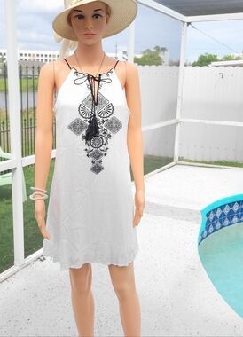 Elegant White and Black Embroidered Dress